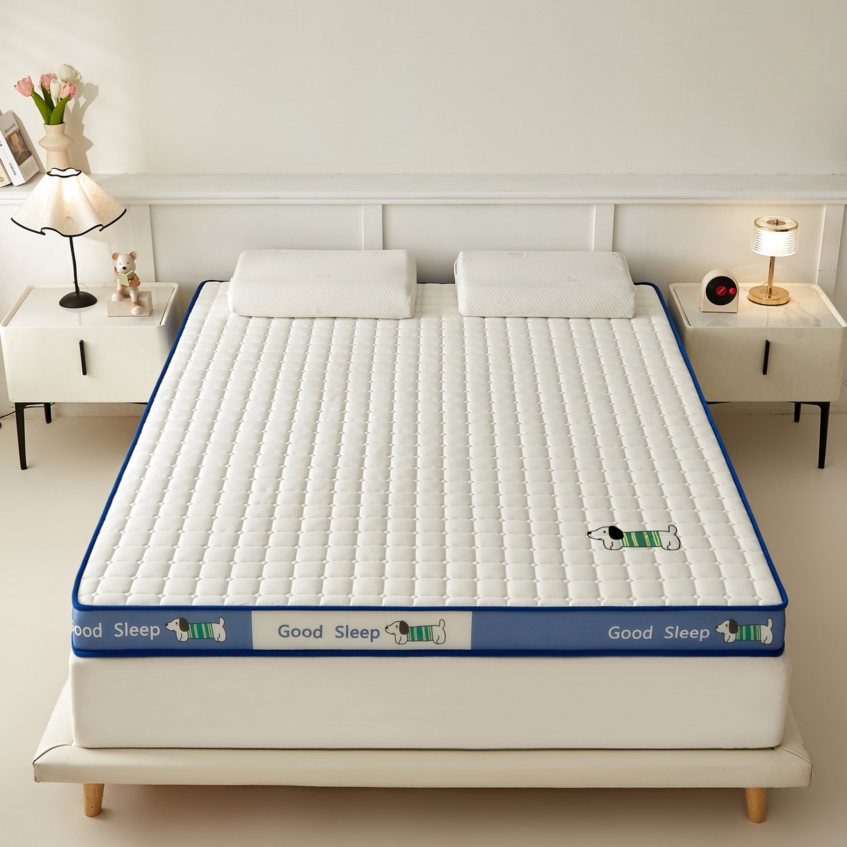 91家纺网 家纺一手货源 找家纺 元昊床垫 2025新款立体针织乳胶记忆海绵床垫 旺旺狗-蓝月白