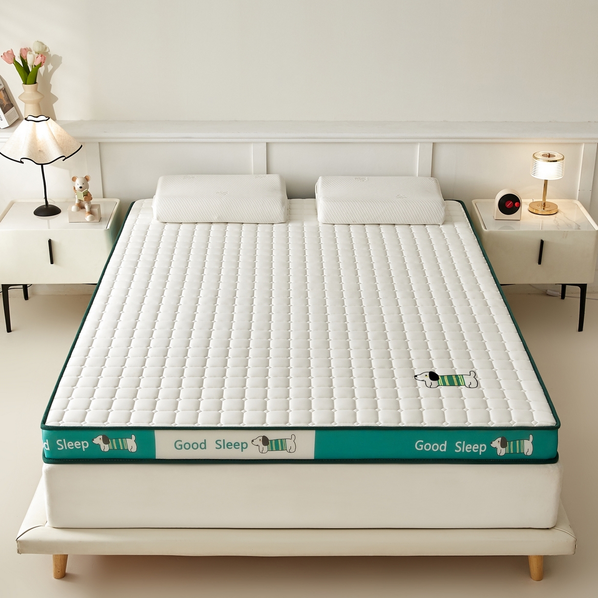 91家纺网 家纺一手货源 找家纺 元昊床垫 2025新款立体针织乳胶记忆海绵床垫 旺旺狗-绿围白