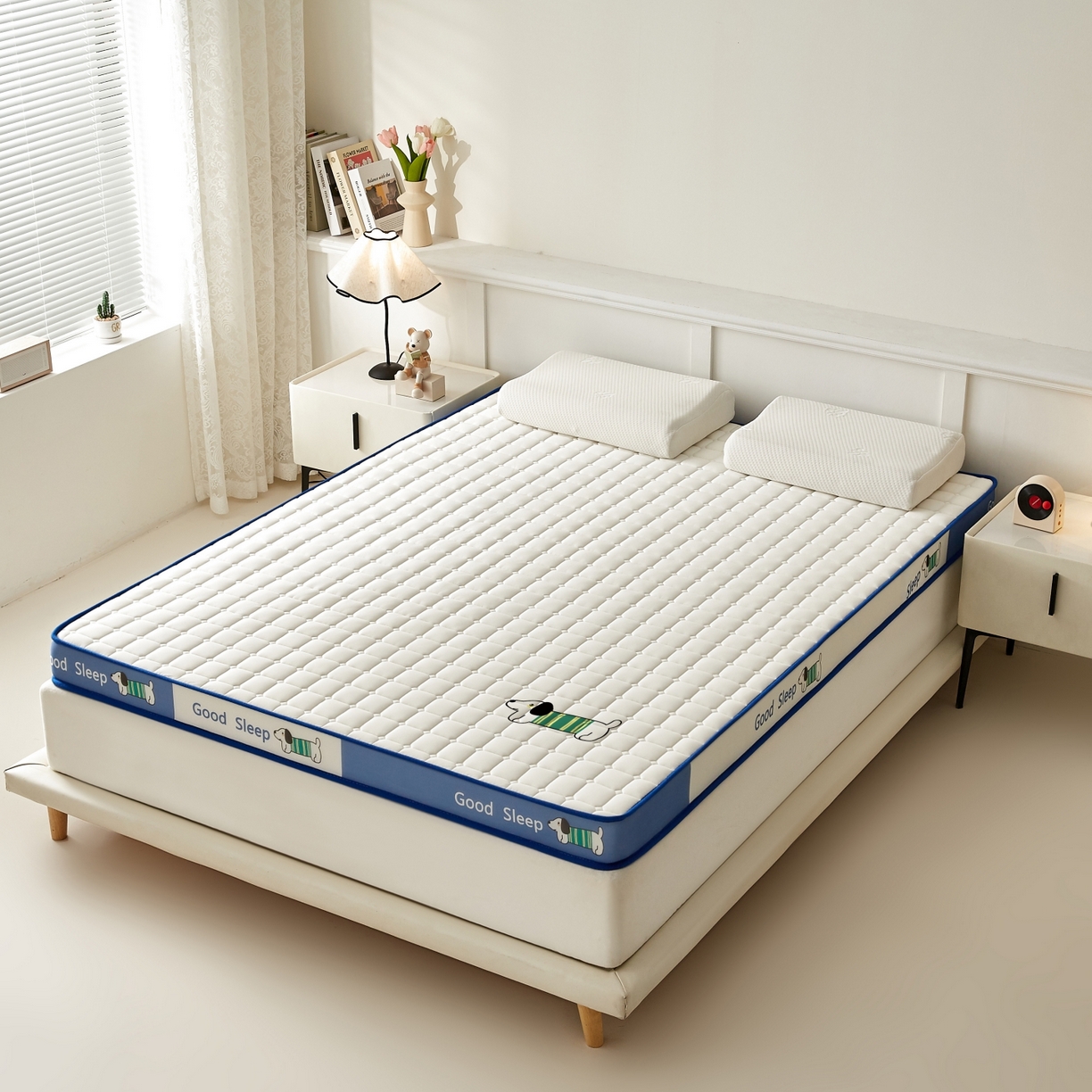 91家纺网 家纺一手货源 找家纺 元昊床垫 2025新款立体针织乳胶记忆海绵床垫 旺旺狗-蓝月白