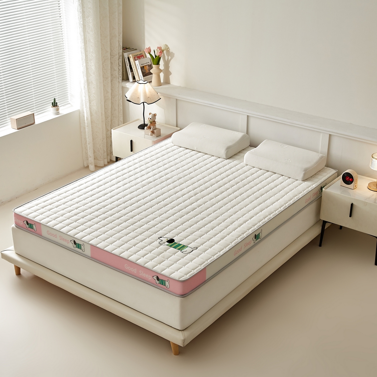 91家纺网 家纺一手货源 找家纺 元昊床垫 2025新款立体针织乳胶记忆海绵床垫 汪汪狗-布丁粉