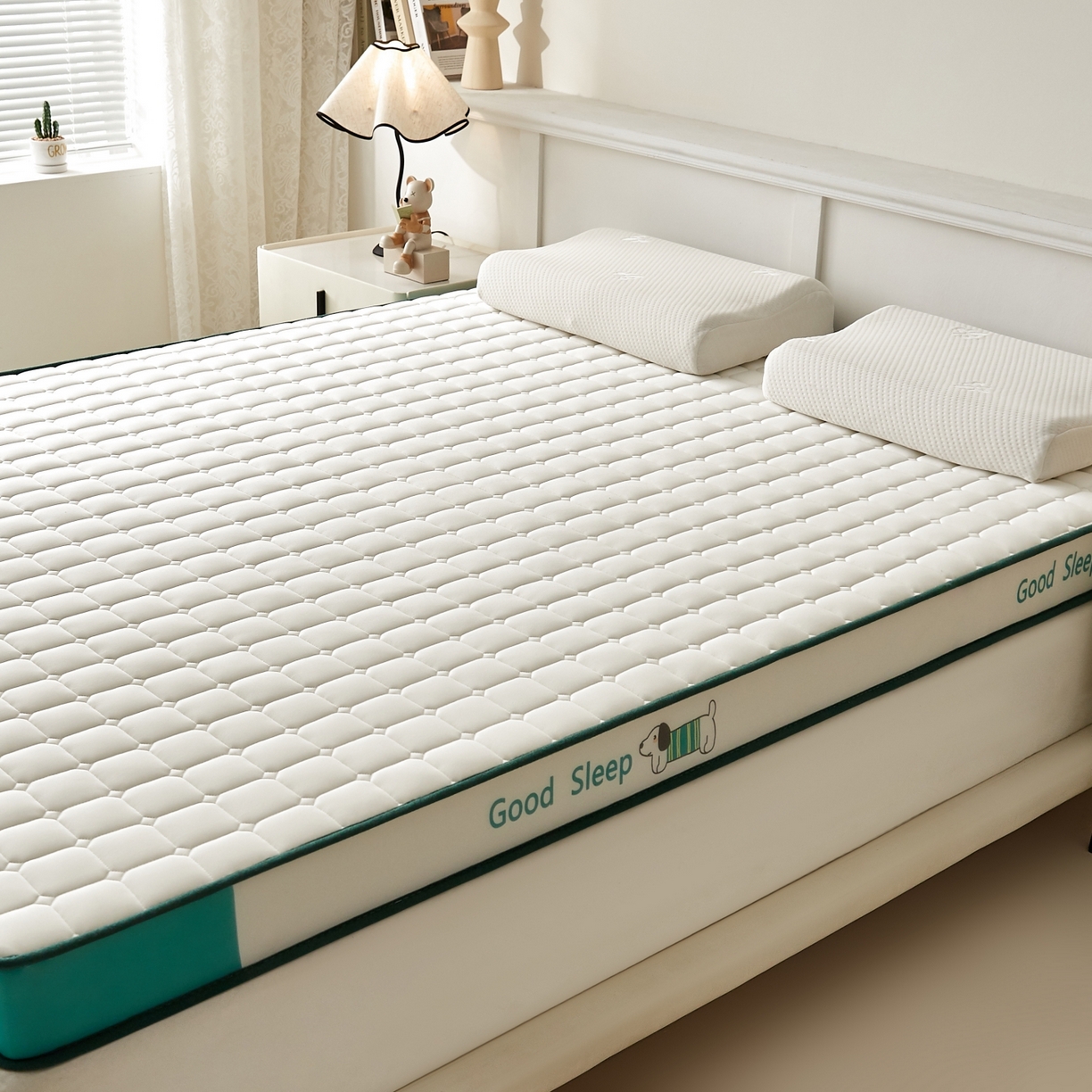 91家纺网 家纺一手货源 找家纺 元昊床垫 2025新款立体针织乳胶记忆海绵床垫 旺旺狗-绿围白