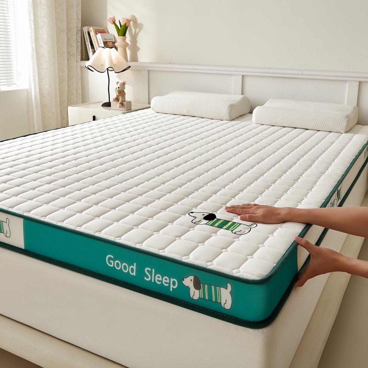 91家纺网 家纺一手货源 找家纺 元昊床垫 2025新款立体针织乳胶记忆海绵床垫 旺旺狗-绿围白