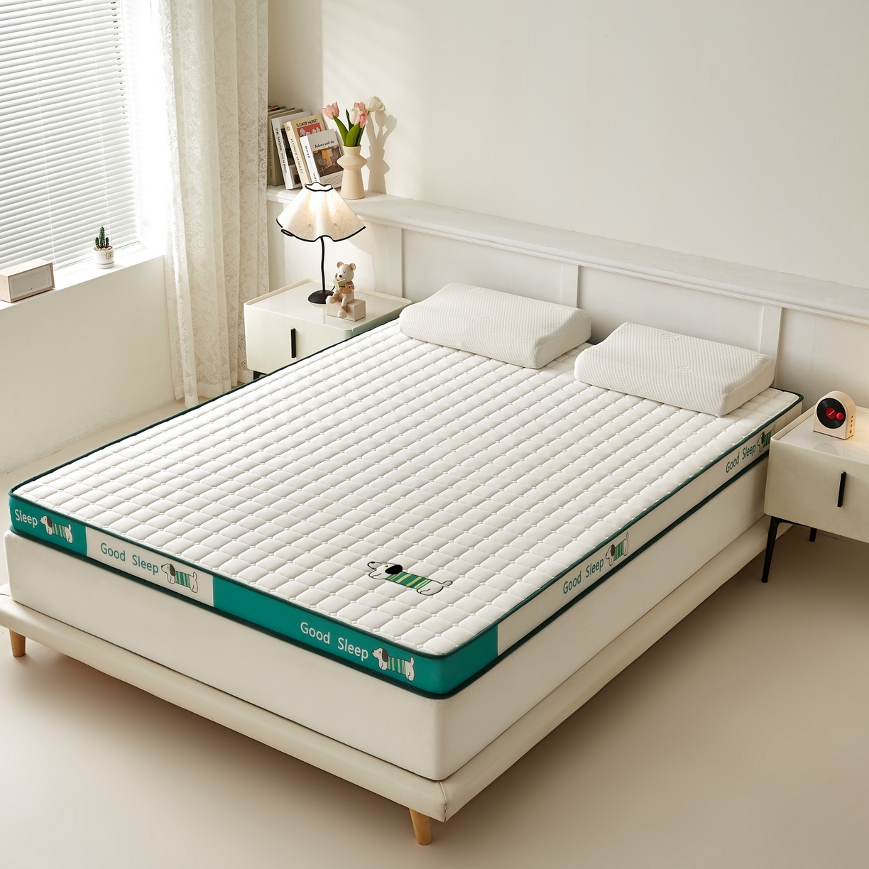 91家纺网 家纺一手货源 找家纺 元昊床垫 2025新款立体针织乳胶记忆海绵床垫 旺旺狗-绿围白