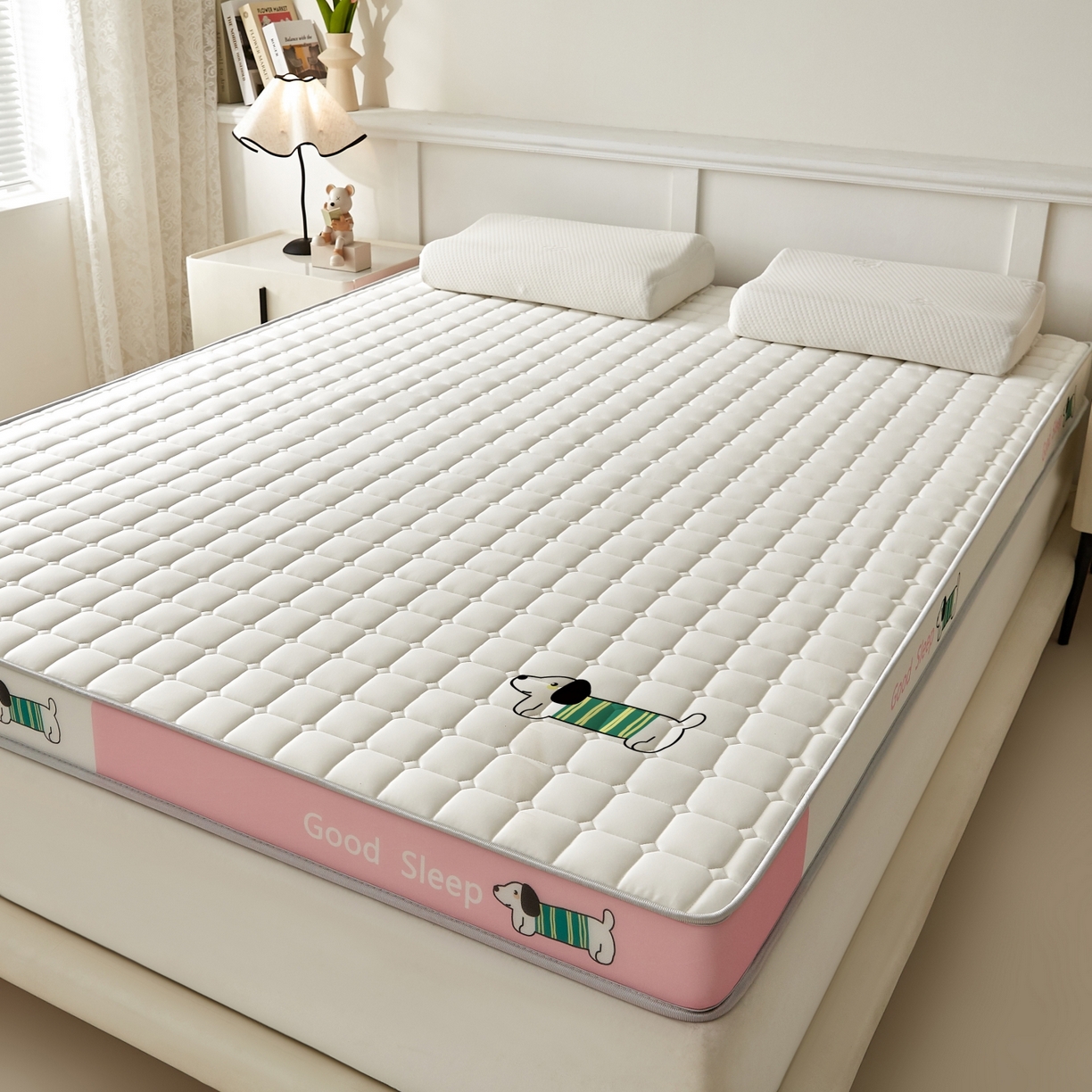 91家纺网 家纺一手货源 找家纺 元昊床垫 2025新款立体针织乳胶记忆海绵床垫 汪汪狗-布丁粉
