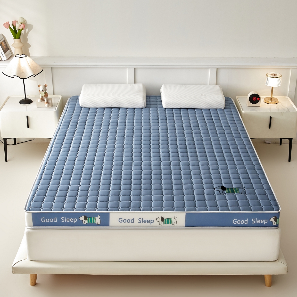 91家纺网 家纺一手货源 找家纺 元昊床垫 2025新款立体针织乳胶记忆海绵床垫 汪汪狗-布丁蓝