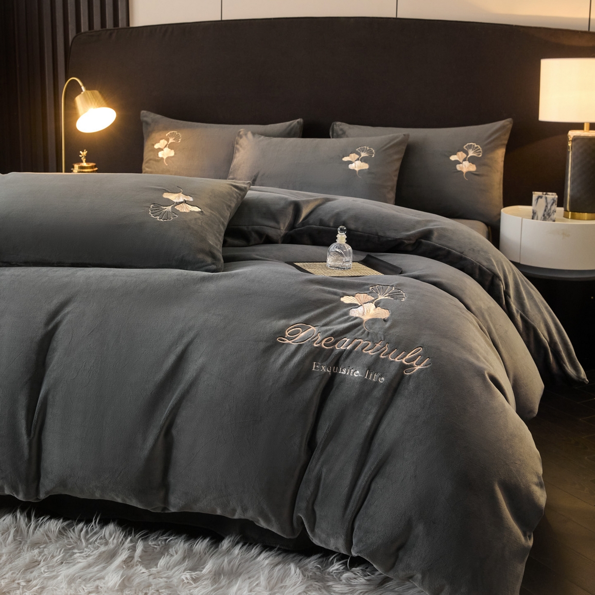 如一 2025新款水晶绒刺绣四件套 银杏-高级灰