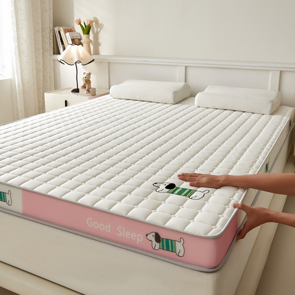 91家纺网 家纺一手货源 找家纺 元昊床垫 2025新款立体针织乳胶记忆海绵床垫 汪汪狗-布丁粉