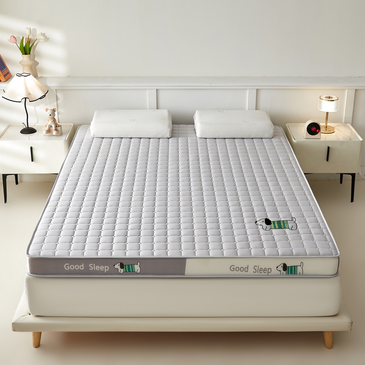 91家纺网 家纺一手货源 找家纺 元昊床垫 2025新款立体针织乳胶记忆海绵床垫 旺旺狗-布丁灰