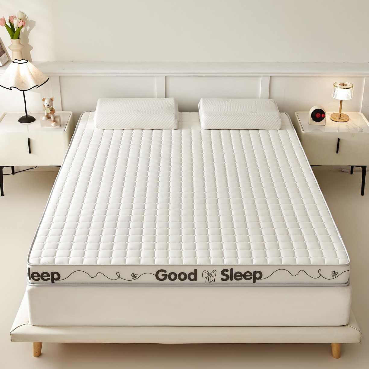 91家纺网 家纺一手货源 找家纺 元昊床垫 2025新款立体针织乳胶记忆海绵床垫 蝴蝶结-向往白