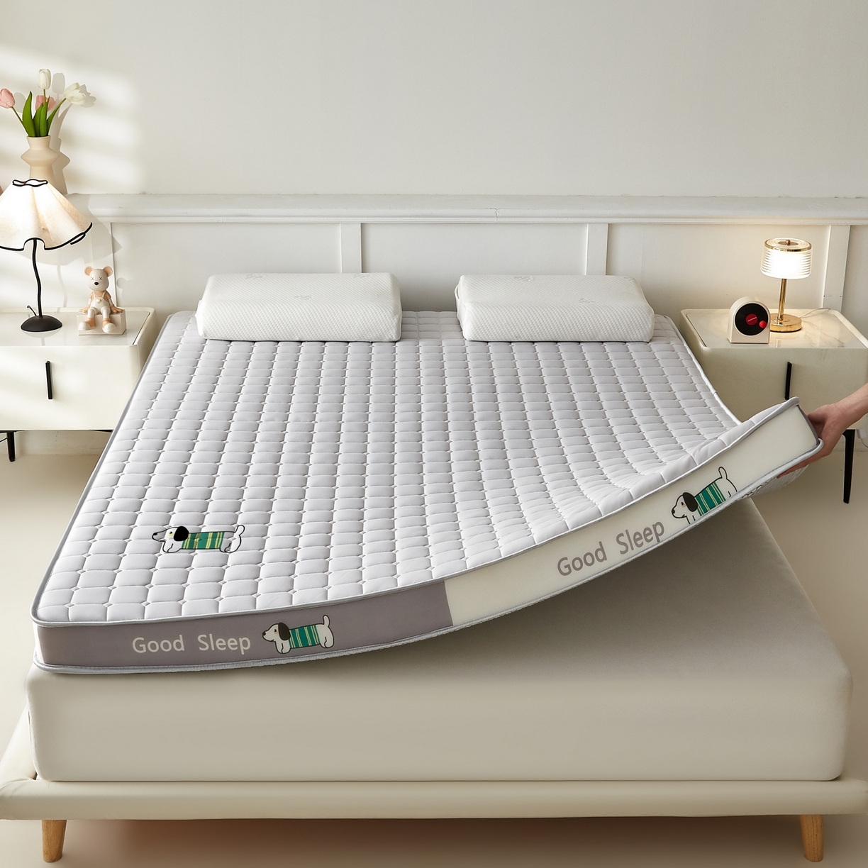 91家纺网 家纺一手货源 找家纺 元昊床垫 2025新款立体针织乳胶记忆海绵床垫 旺旺狗-布丁灰