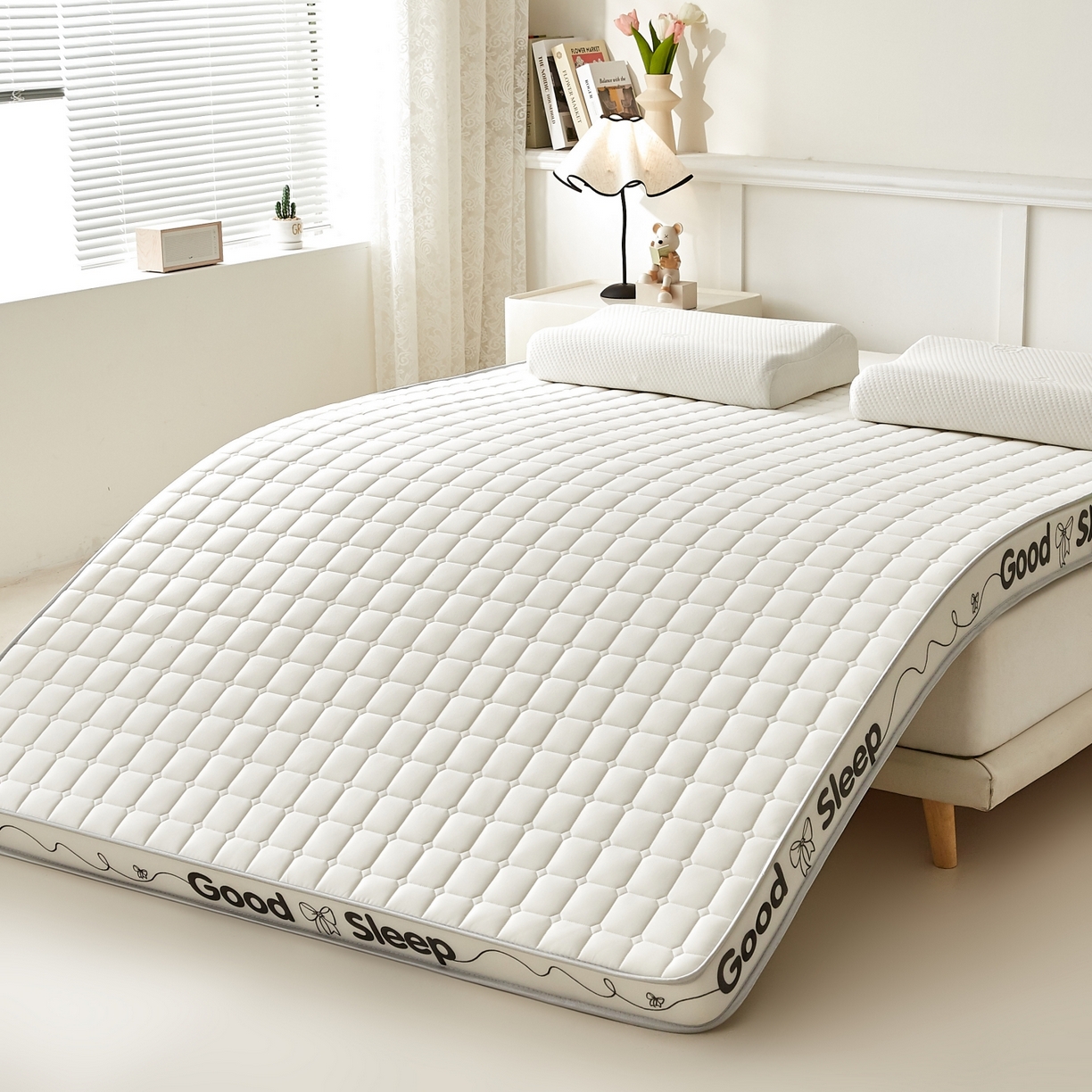 元昊床垫 2025新款立体针织乳胶记忆海绵床垫 蝴蝶结-向往白
