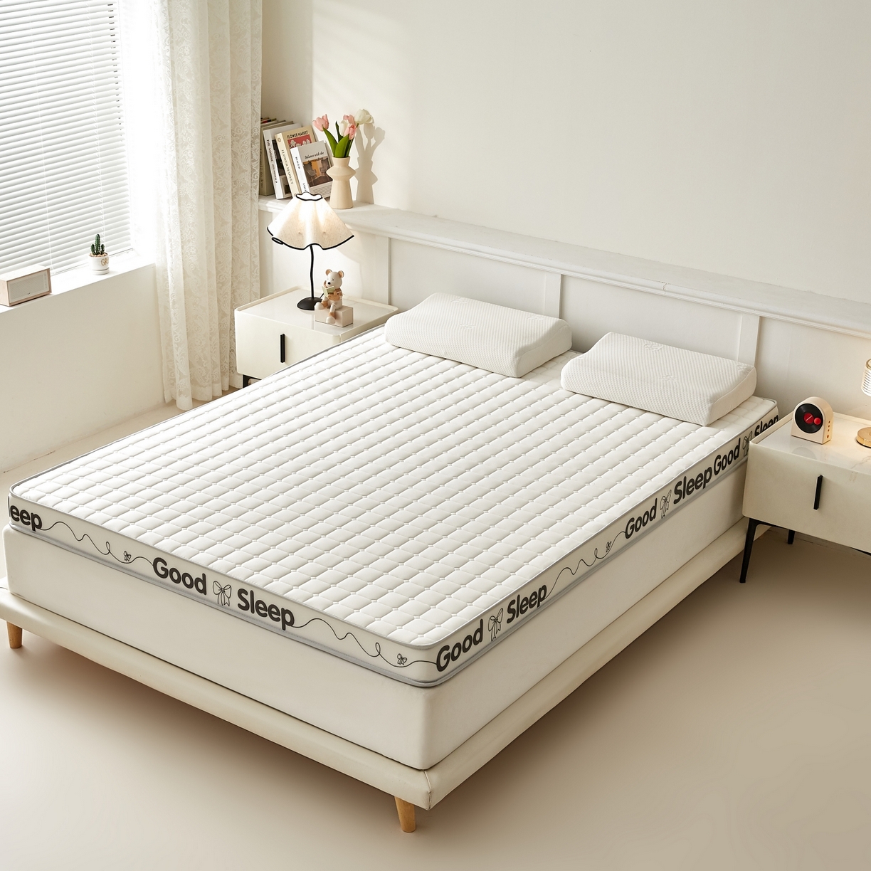 91家纺网 家纺一手货源 找家纺 元昊床垫 2025新款立体针织乳胶记忆海绵床垫 蝴蝶结-向往白