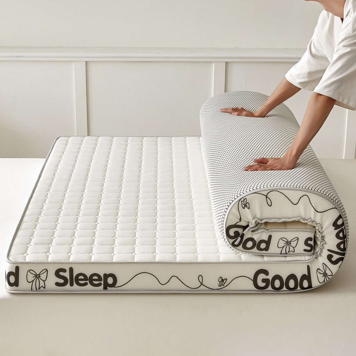 91家纺网 家纺一手货源 找家纺 元昊床垫 2025新款立体针织乳胶记忆海绵床垫 蝴蝶结-向往白