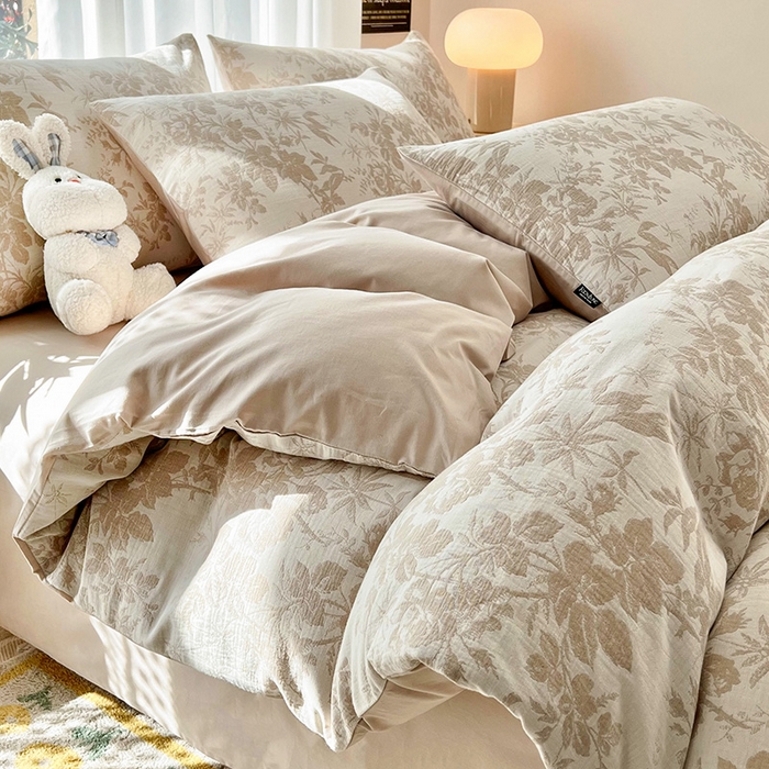 宜代光年 2025新款三层纱60s水洗棉提花系列四件套 繁花-咖