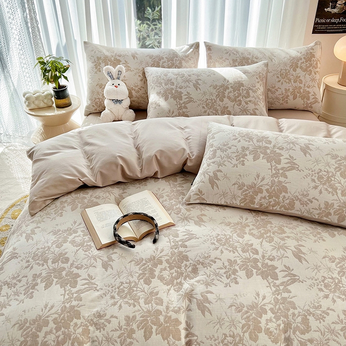 91家纺网 家纺一手货源 找家纺 宜代光年 2025新款三层纱60s水洗棉提花系列四件套 繁花-咖