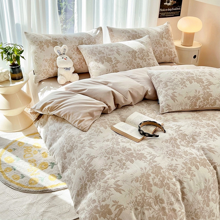 91家纺网 家纺一手货源 找家纺 宜代光年 2025新款三层纱60s水洗棉提花系列四件套 繁花-咖