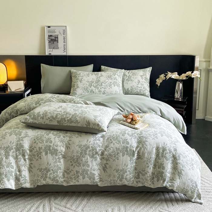 91家纺网 家纺一手货源 找家纺 宜代光年 2025新款三层纱60s水洗棉提花系列四件套 繁花-绿