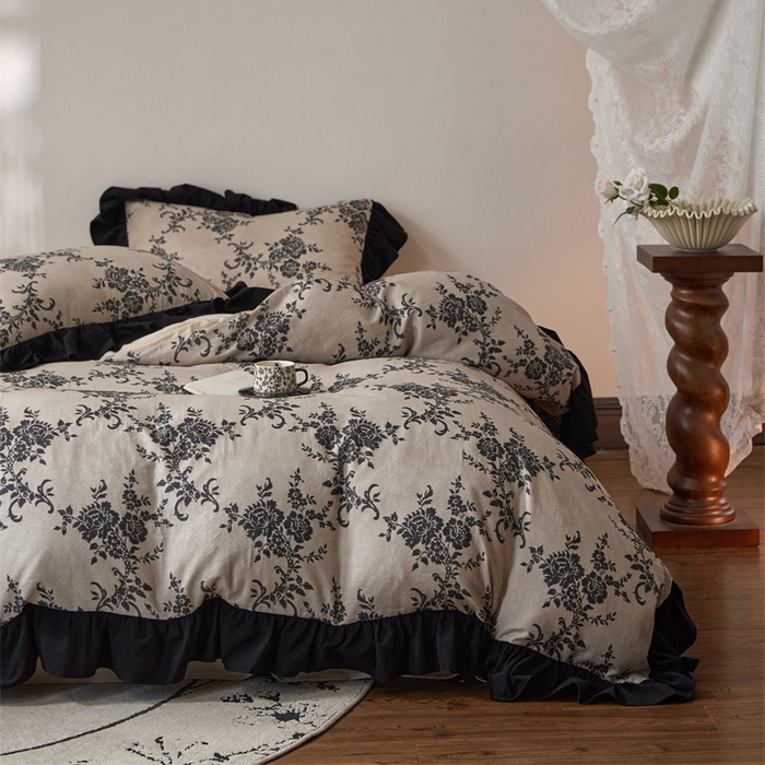 金奇达家纺 2025新款保暖羽零™空气拉绒加厚双感棉绒四件套全棉双层纱【法式复古】（会员减30元）双感棉绒【法式复古】系列，标准号全网控价（折后券后）不低于228元 赫本的午后-墨色