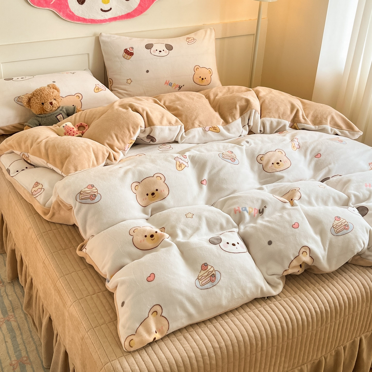 摩妮卡 2025新款牛奶绒印花夹棉床盖印花四件套 熊旺小趣
