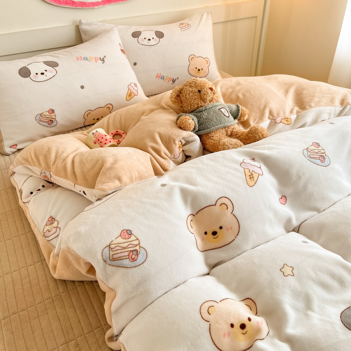 91家纺网 家纺一手货源 找家纺 摩妮卡 2025新款牛奶绒印花夹棉床盖印花四件套 熊旺小趣