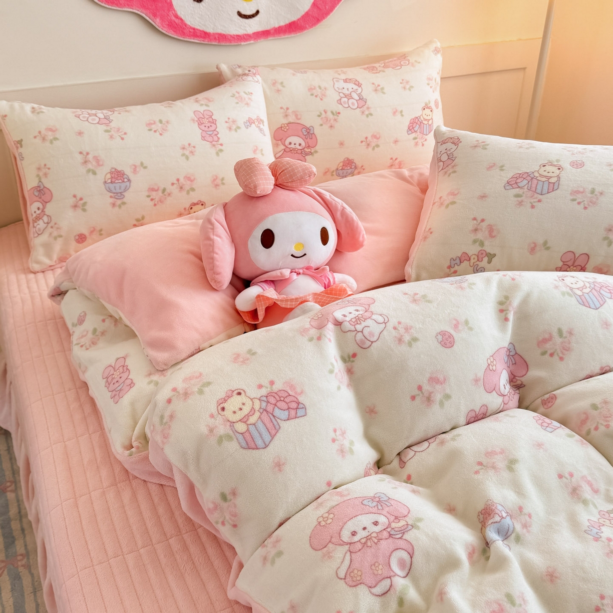 91家纺网 家纺一手货源 找家纺 摩妮卡 2025新款牛奶绒印花夹棉床盖印花四件套 甜蜜小花