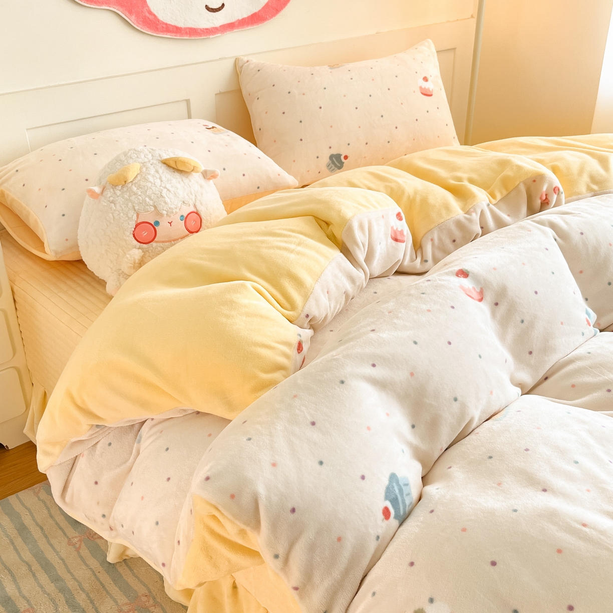 91家纺网 家纺一手货源 找家纺 摩妮卡 2025新款牛奶绒印花夹棉床盖印花四件套 蛋糕派