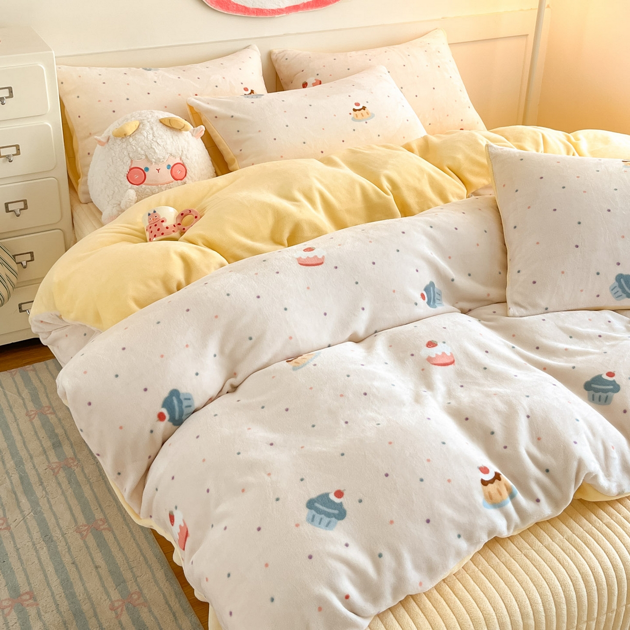 91家纺网 家纺一手货源 找家纺 摩妮卡 2025新款牛奶绒印花夹棉床盖印花四件套 蛋糕派