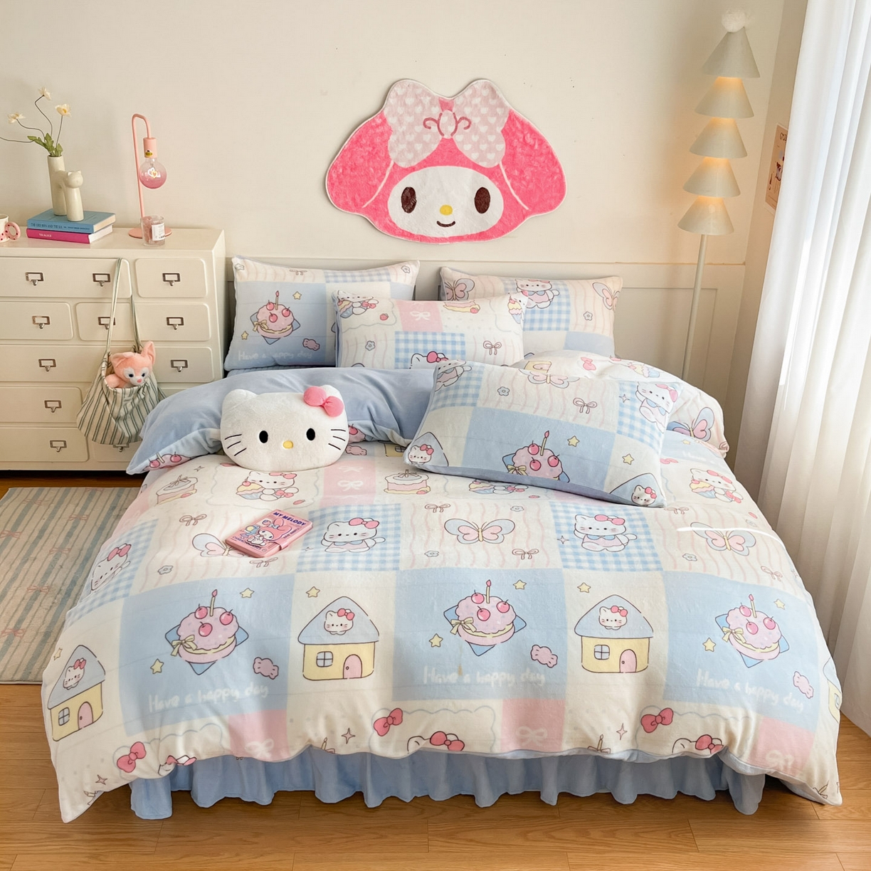 91家纺网 家纺一手货源 找家纺 摩妮卡 2025新款牛奶绒印花夹棉床盖印花四件套 甜梦屋-蓝