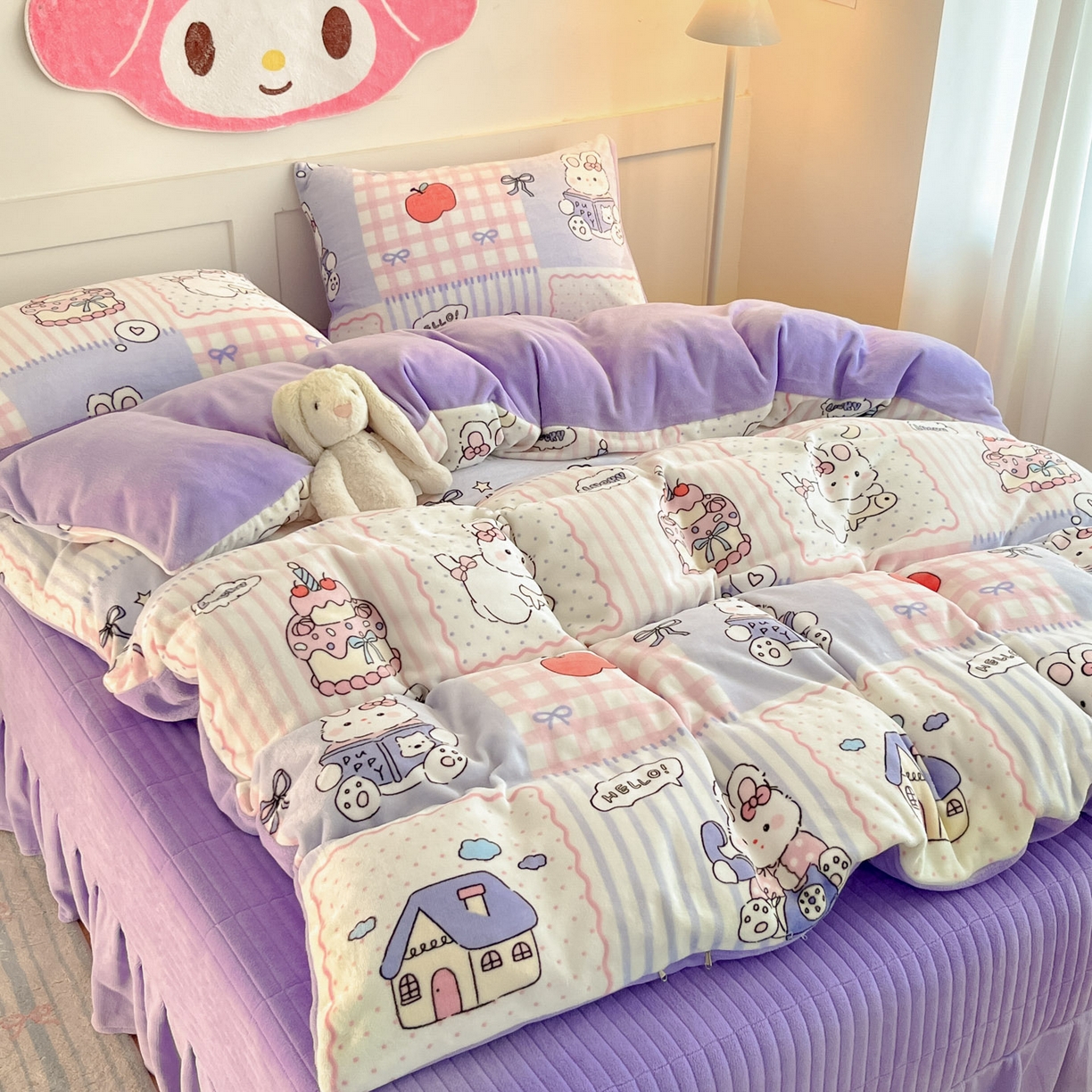 摩妮卡 2025新款牛奶绒印花夹棉床盖印花四件套 萌兔小屋