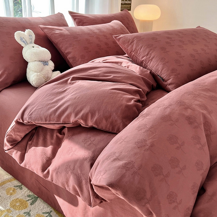 宜代光年 2025新款三层纱60s水洗棉提花系列四件套 玫瑰佳人-红