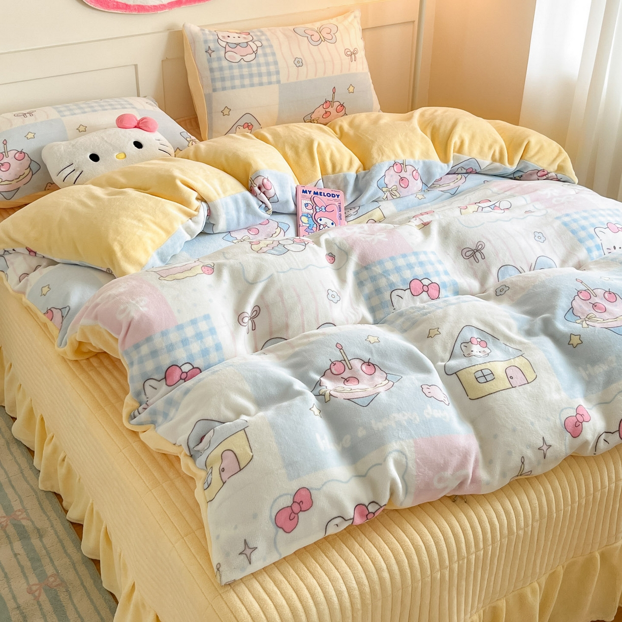 摩妮卡 2025新款牛奶绒印花夹棉床盖印花四件套 甜梦屋-黄