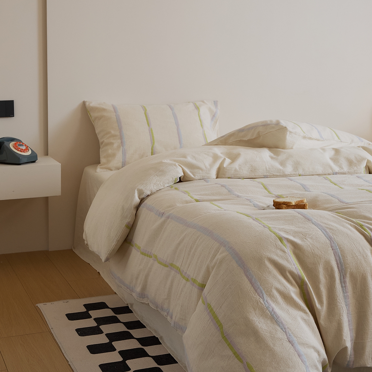 91家纺网 家纺一手货源 找家纺 原研家居 2025新款棉麻色织条纹系列四件套 棉麻绿条