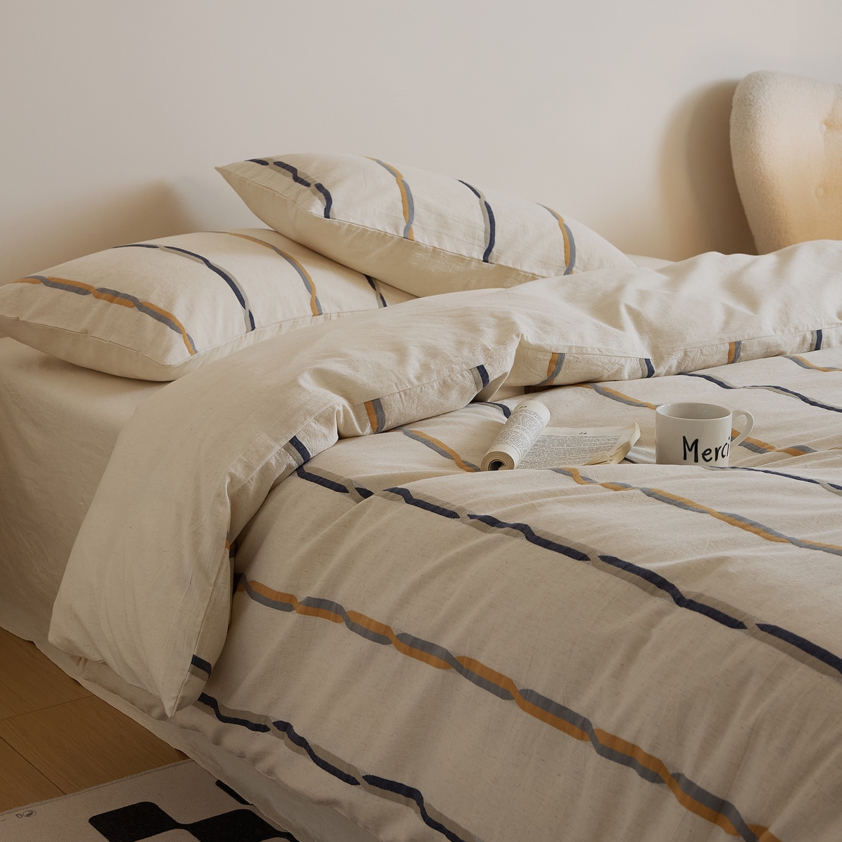 91家纺网 家纺一手货源 找家纺 原研家居 2025新款棉麻色织条纹系列四件套 棉麻黄条