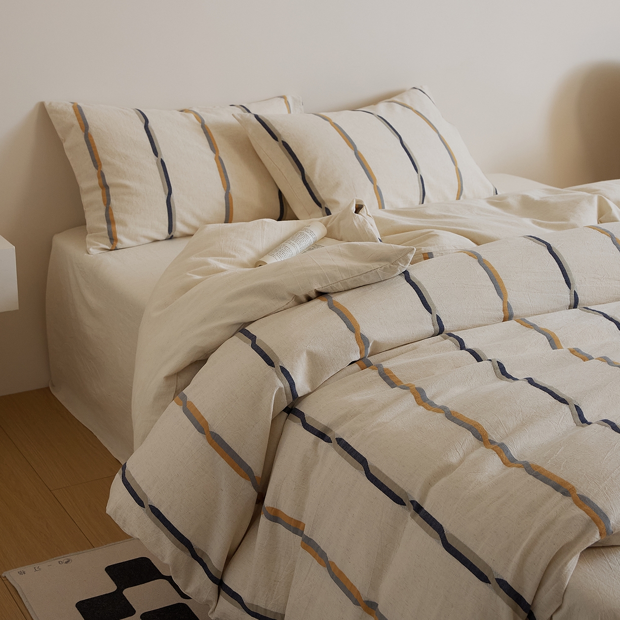 91家纺网 家纺一手货源 找家纺 原研家居 2025新款棉麻色织条纹系列四件套 棉麻黄条