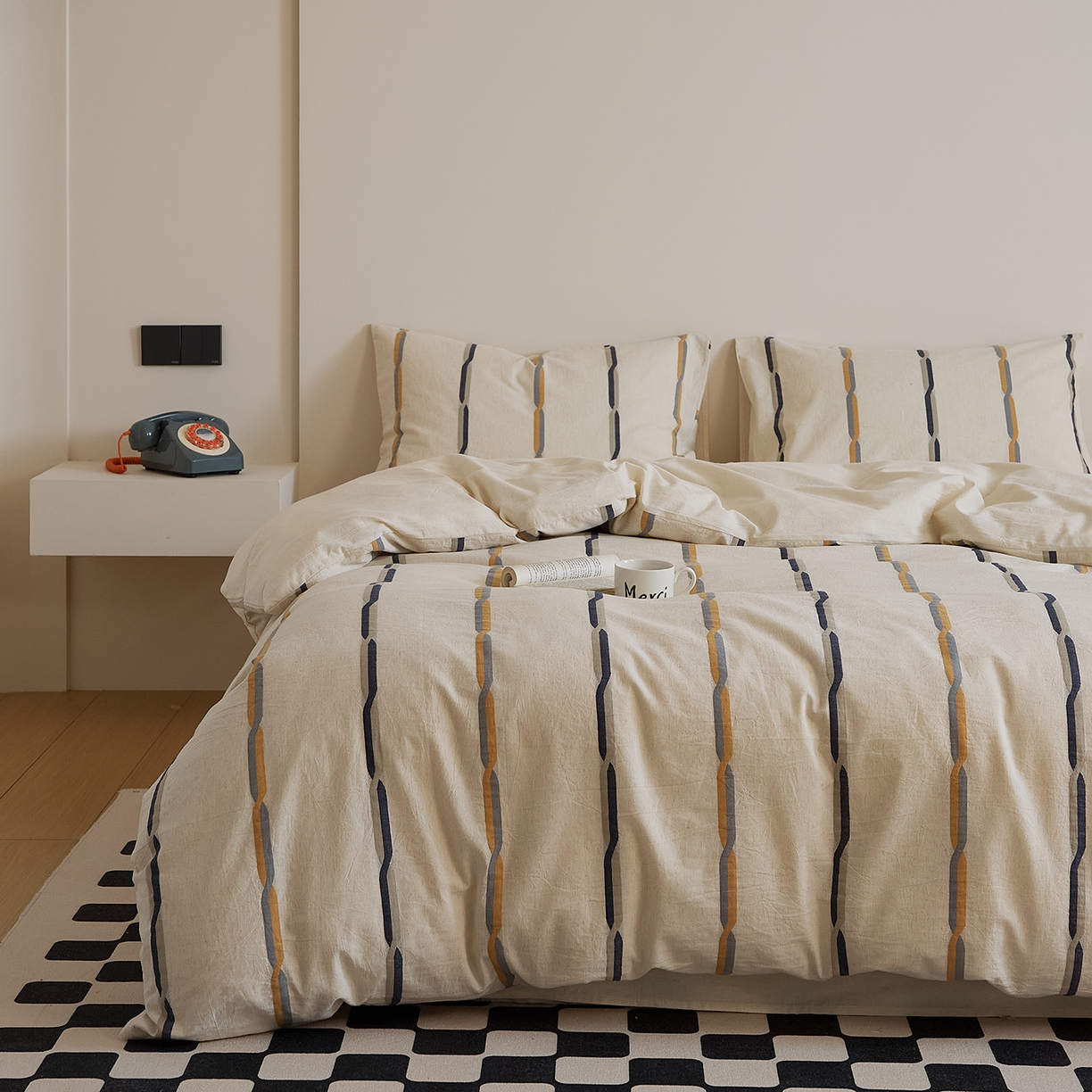 91家纺网 家纺一手货源 找家纺 原研家居 2025新款棉麻色织条纹系列四件套 棉麻黄条