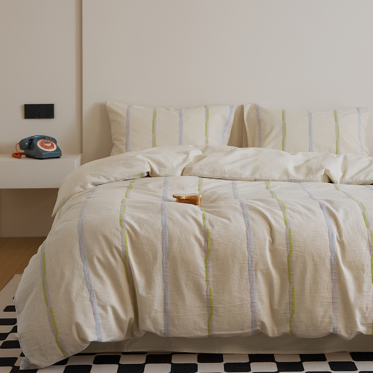 91家纺网 家纺一手货源 找家纺 原研家居 2025新款棉麻色织条纹系列四件套 棉麻绿条