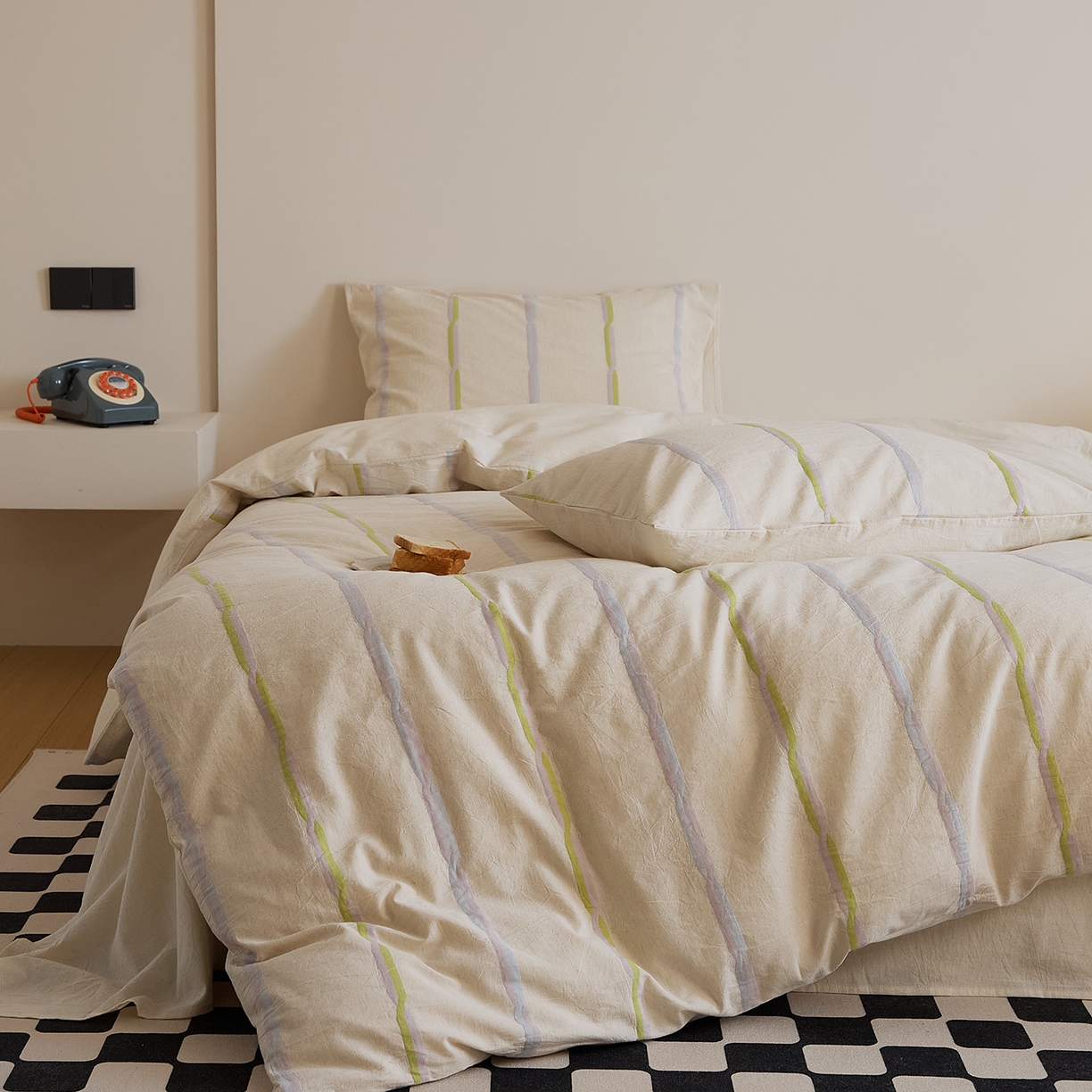 91家纺网 家纺一手货源 找家纺 原研家居 2025新款棉麻色织条纹系列四件套 棉麻绿条