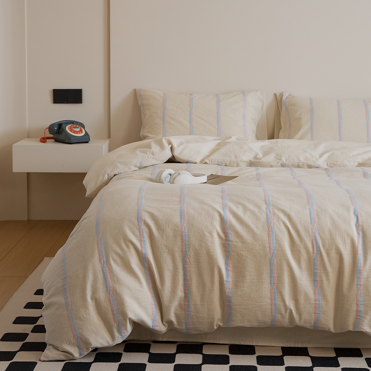 91家纺网 家纺一手货源 找家纺 原研家居 2025新款棉麻色织条纹系列四件套 棉麻粉条