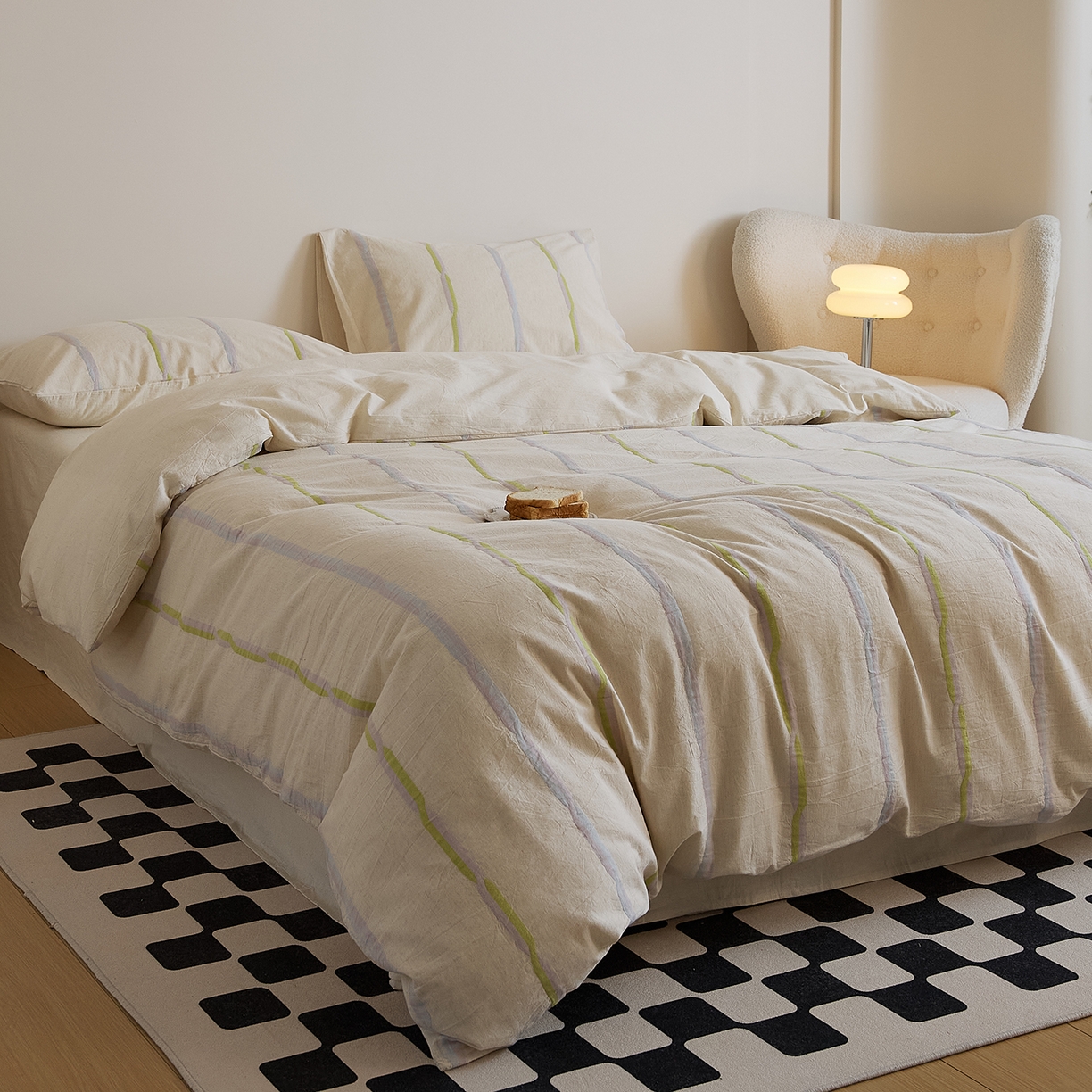 91家纺网 家纺一手货源 找家纺 原研家居 2025新款棉麻色织条纹系列四件套 棉麻绿条