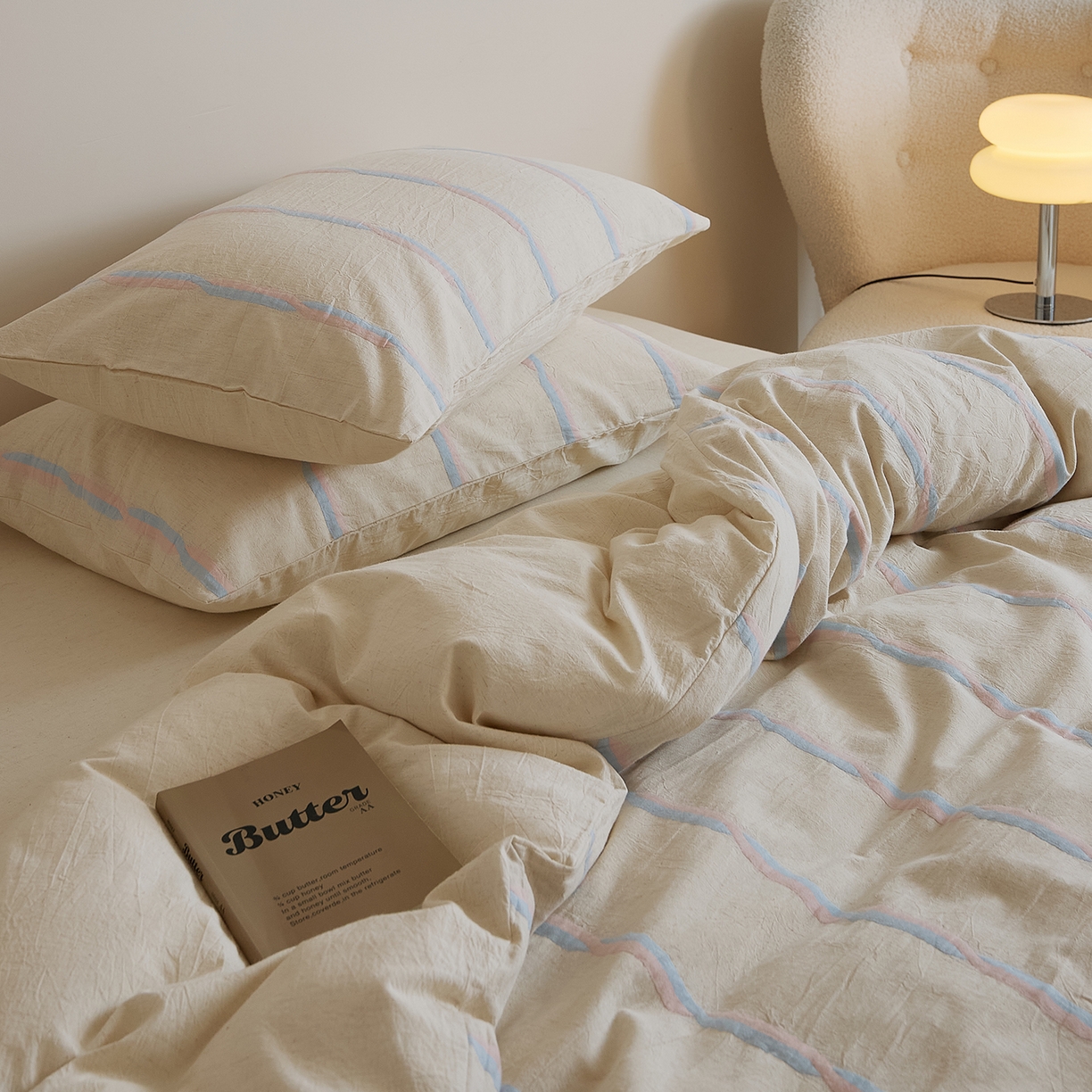 91家纺网 家纺一手货源 找家纺 原研家居 2025新款棉麻色织条纹系列四件套 棉麻粉条