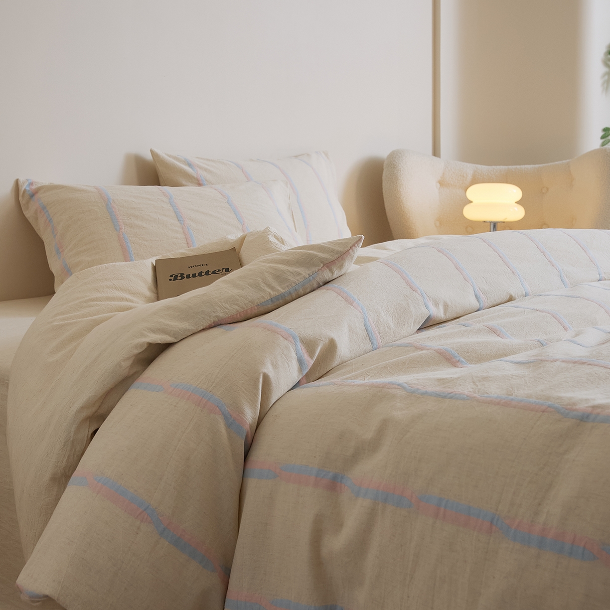 91家纺网 家纺一手货源 找家纺 原研家居 2025新款棉麻色织条纹系列四件套 棉麻粉条