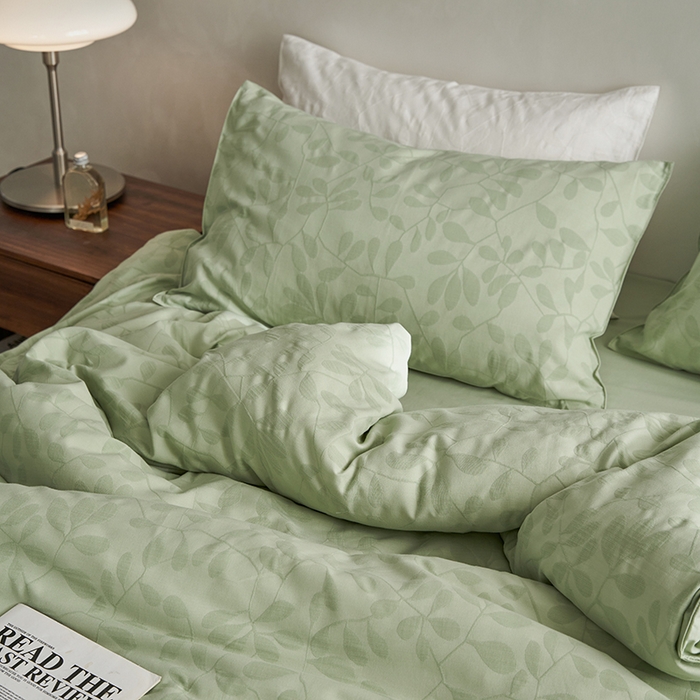 91家纺网 家纺一手货源 找家纺 宜代光年 2025新款三层纱60s水洗棉提花系列四件套 叶繁-绿