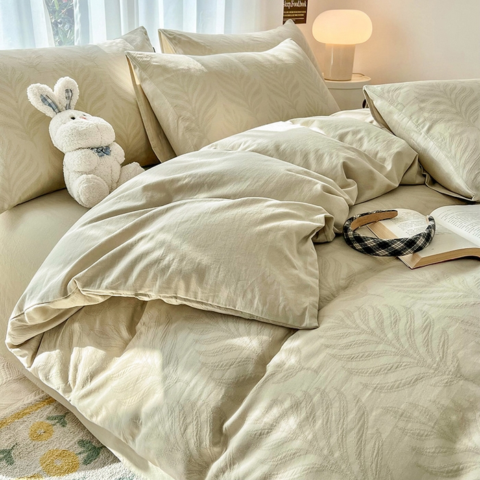 91家纺网 家纺一手货源 找家纺 宜代光年 2025新款三层纱60s水洗棉提花系列四件套 叶之舞