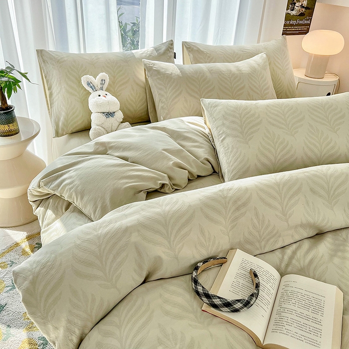 91家纺网 家纺一手货源 找家纺 宜代光年 2025新款三层纱60s水洗棉提花系列四件套 叶之舞