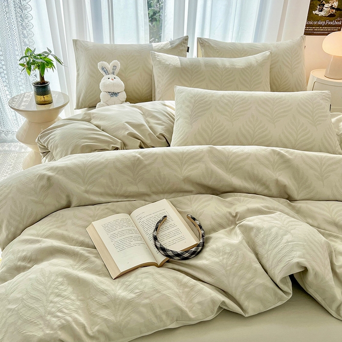 91家纺网 家纺一手货源 找家纺 宜代光年 2025新款三层纱60s水洗棉提花系列四件套 叶之舞