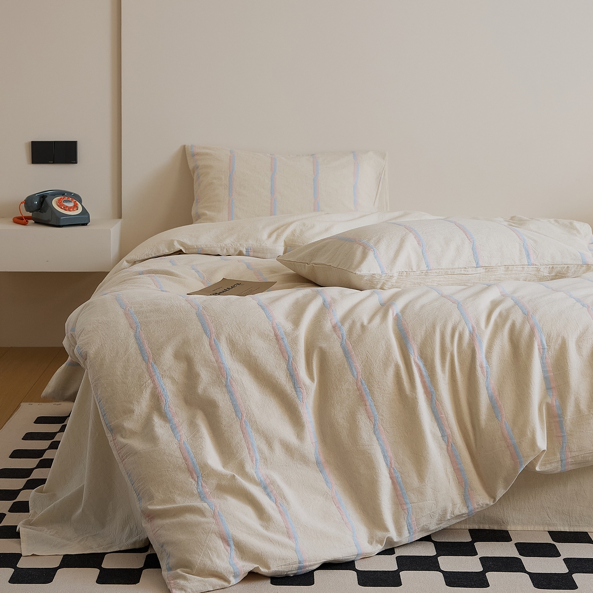 91家纺网 家纺一手货源 找家纺 原研家居 2025新款棉麻色织条纹系列四件套 棉麻粉条