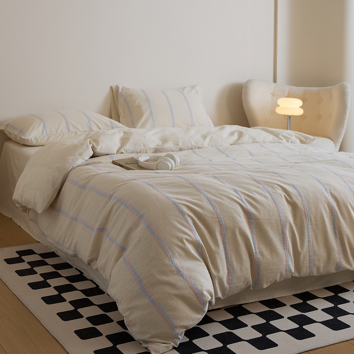 91家纺网 家纺一手货源 找家纺 原研家居 2025新款棉麻色织条纹系列四件套 棉麻粉条