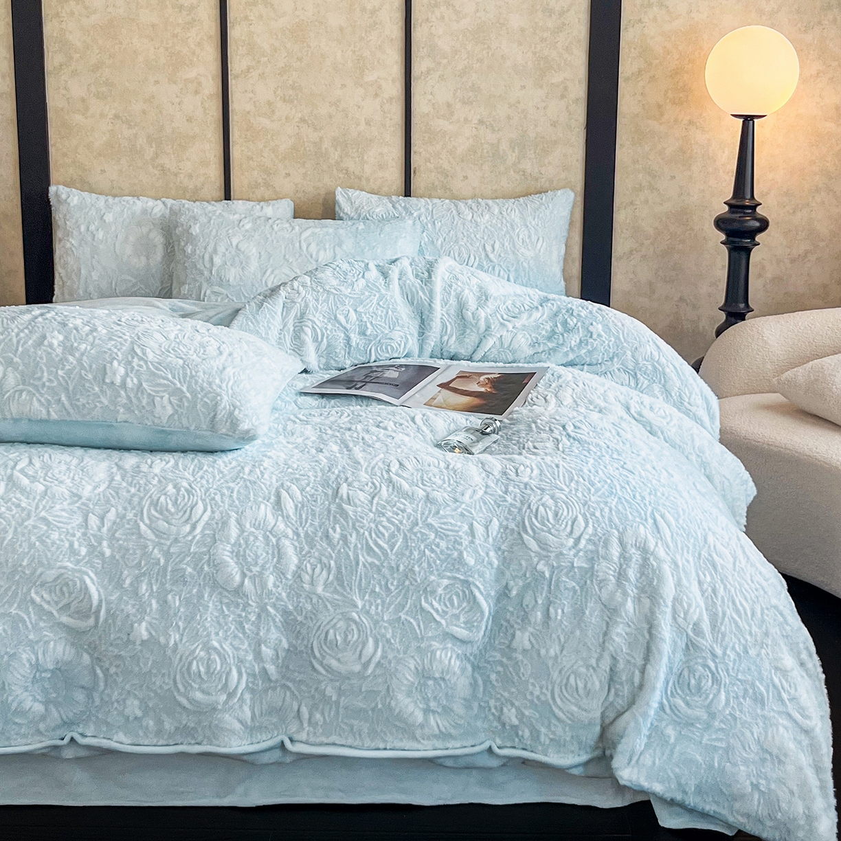 91家纺网 家纺一手货源 找家纺 （总）畅畅家纺 2025新款冬季立体烂花兔毛绒床单床笠四件套-佳人有约系列