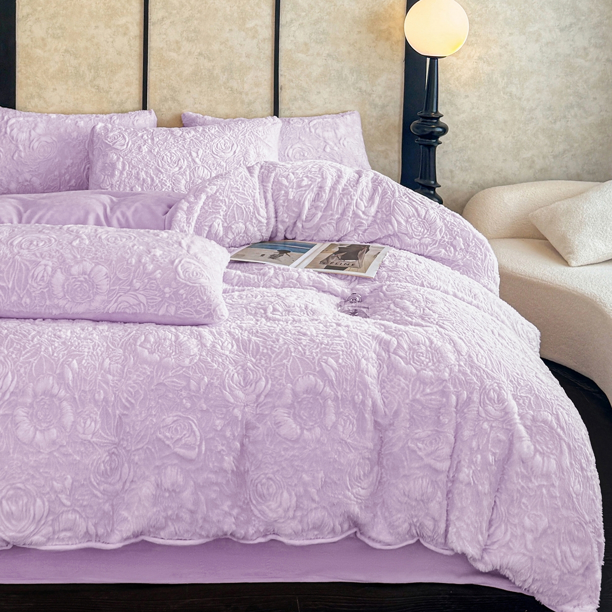 91家纺网 家纺一手货源 找家纺 畅畅家纺 2025新款冬季立体烂花兔毛绒床单床笠四件套-佳人有约系列 佳人有约-浅紫