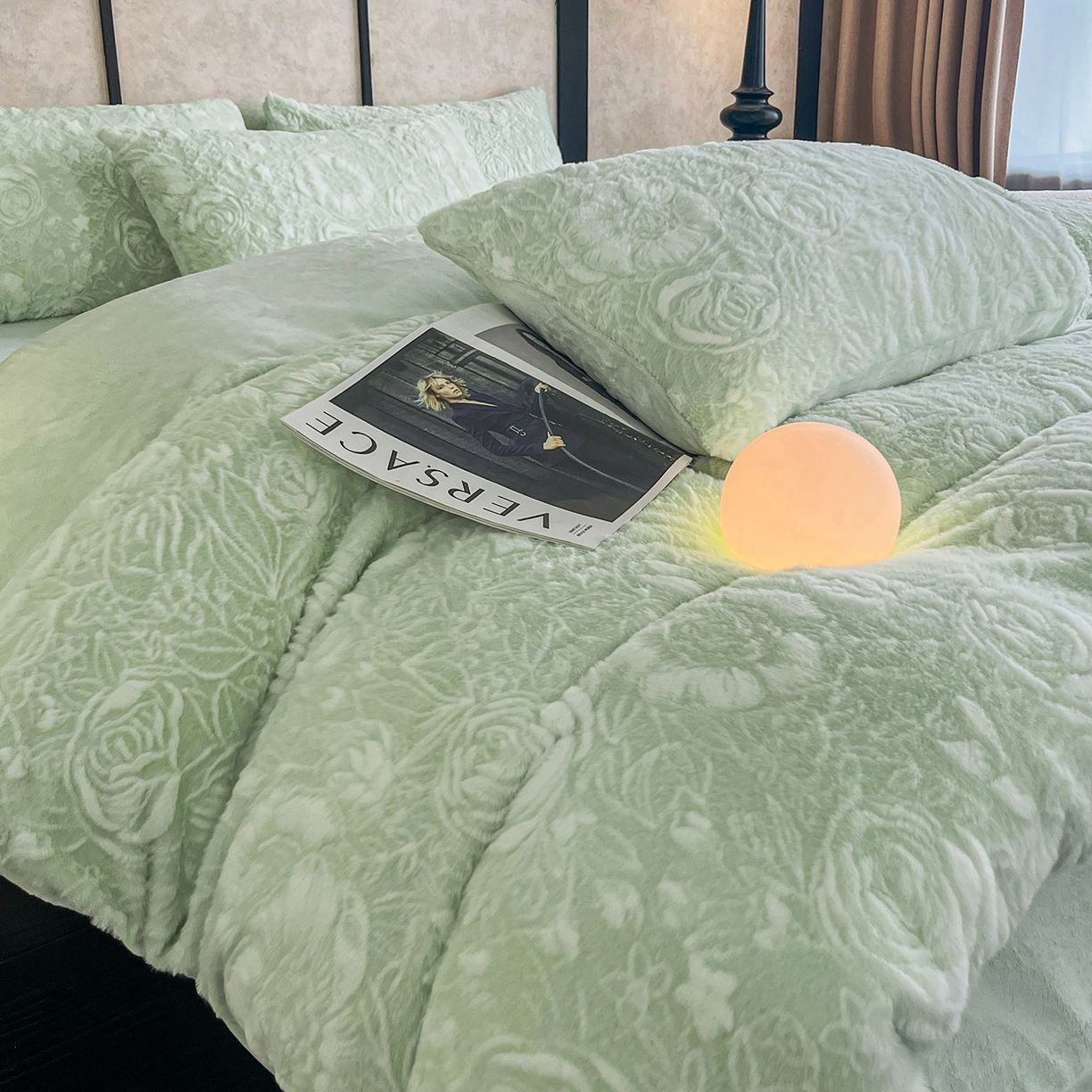 91家纺网 家纺一手货源 找家纺 畅畅家纺 2025新款冬季立体烂花兔毛绒床单床笠四件套-佳人有约系列 佳人有约-青柠绿